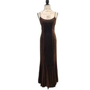 Vintage Mike Benet Gown Womens 6 Brown Bronze Metallic Rhinestone Mermaid Maxi